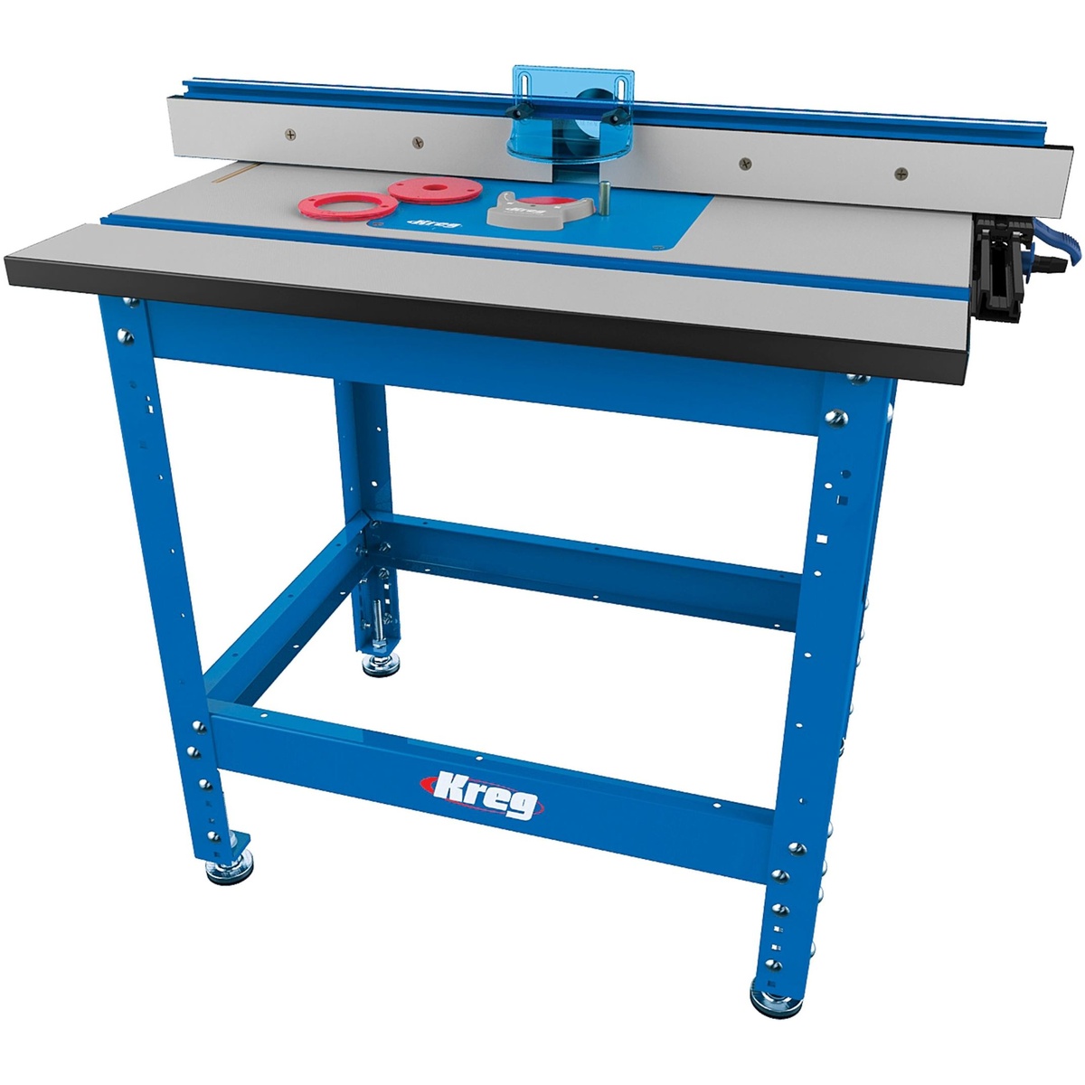Kreg PRS1045-KIT router table kit shown as a complete freestanding woodworking routing station with fence, insert plate, and stand for precision routing in a shop setting
