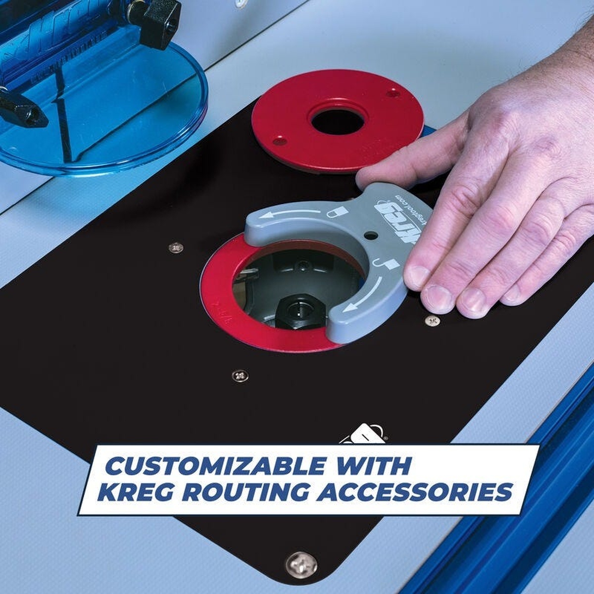 Kreg PRS1045-KIT router table kit insert plate area with removable rings and routing accessory setup for woodworking bit clearance and table customization