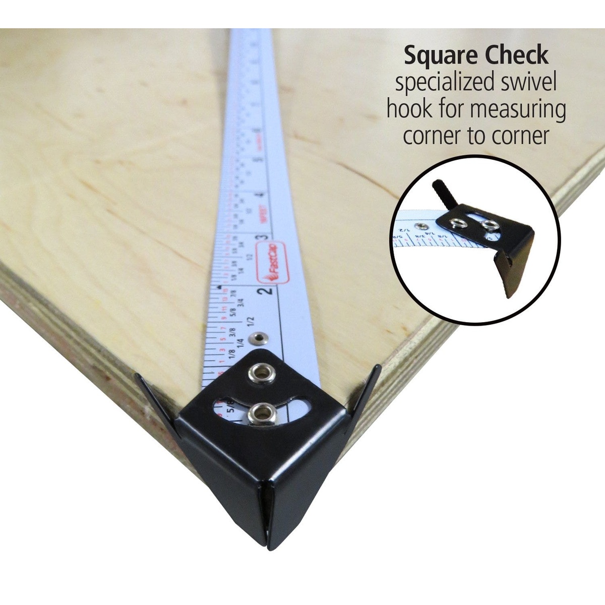 FastCap Lefty/Righty Flatback Tape Measure, Imperial using the Square Check swivel hook on a plywood corner for corner-to-corner measuring