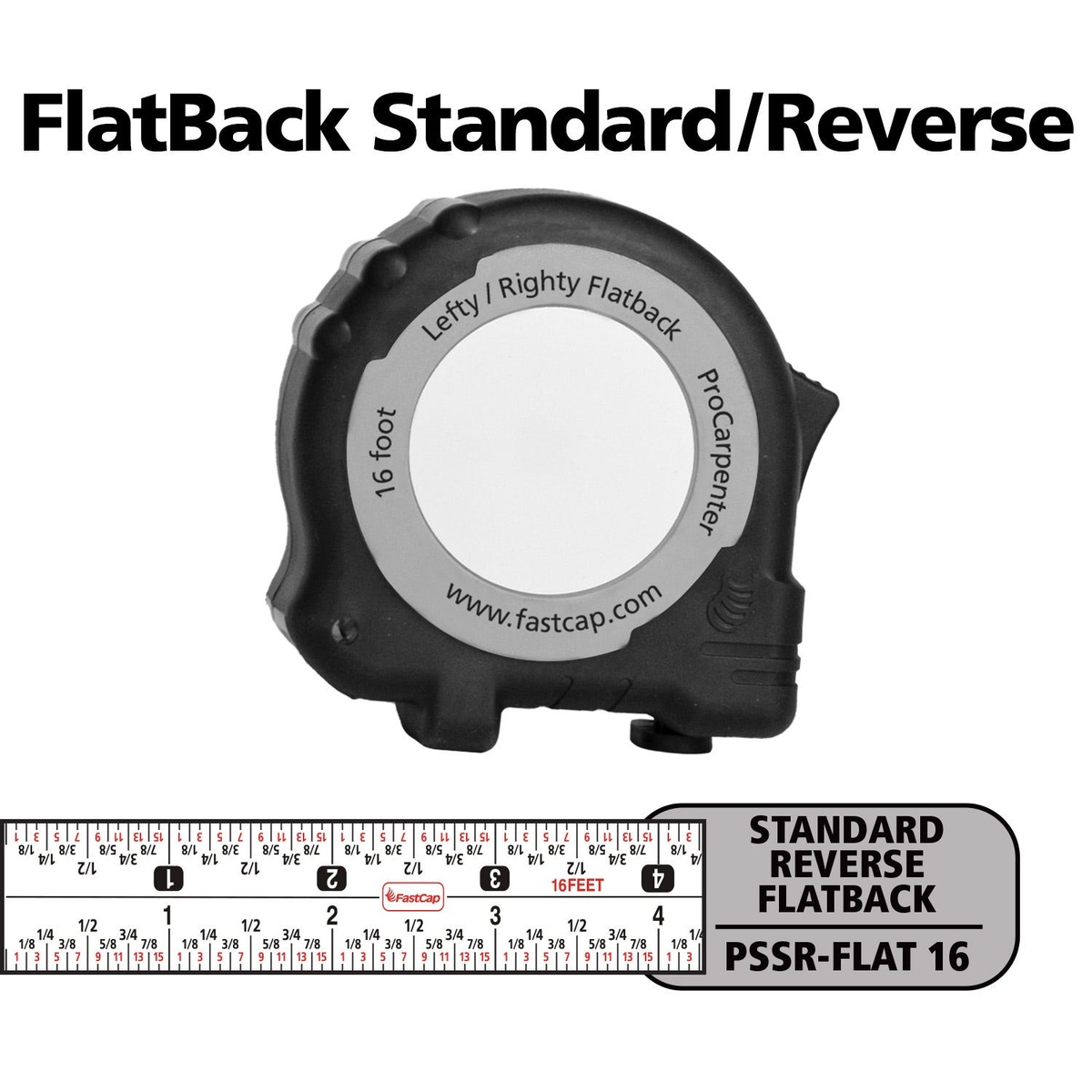 FastCap Lefty/Righty Flatback Tape Measure, Imperial product view showing 16 foot reverse imperial blade markings