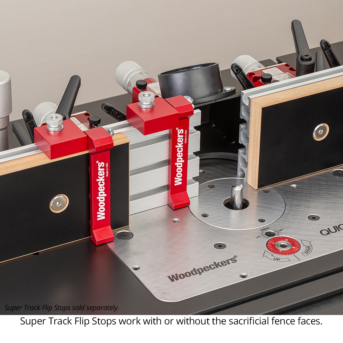 Woodpeckers SF-PRO Universal Router Table Fence on a router table with stop accessories and sacrificial fence faces during precision woodworking setup