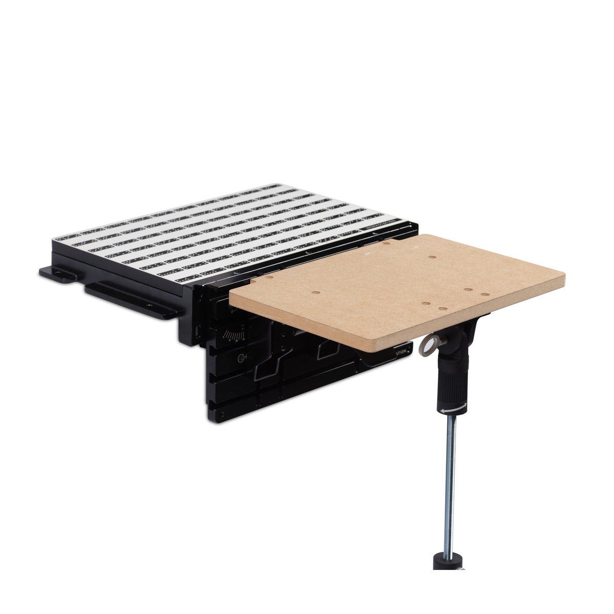 Shaper SU1-WSUK1 Origin Workstation Shelf Upgrade Kit mounted to Workstation with the adjustable support leg extended under the shelf