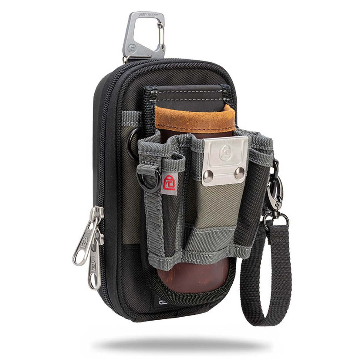 Veto Pro Pac VPP10859 SC45 Multi-Functional Tool Pouch showing compact semi-rigid body, removable front tool pouch, belt clip, and hanging carabiner on a clean background
