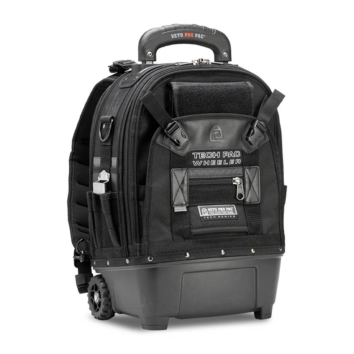 Veto Pro Pac VPP10874 Tech Pac Wheeler Blackout Backpack Tool Bag front view showing compact rolling backpack design and organized tool storage layout