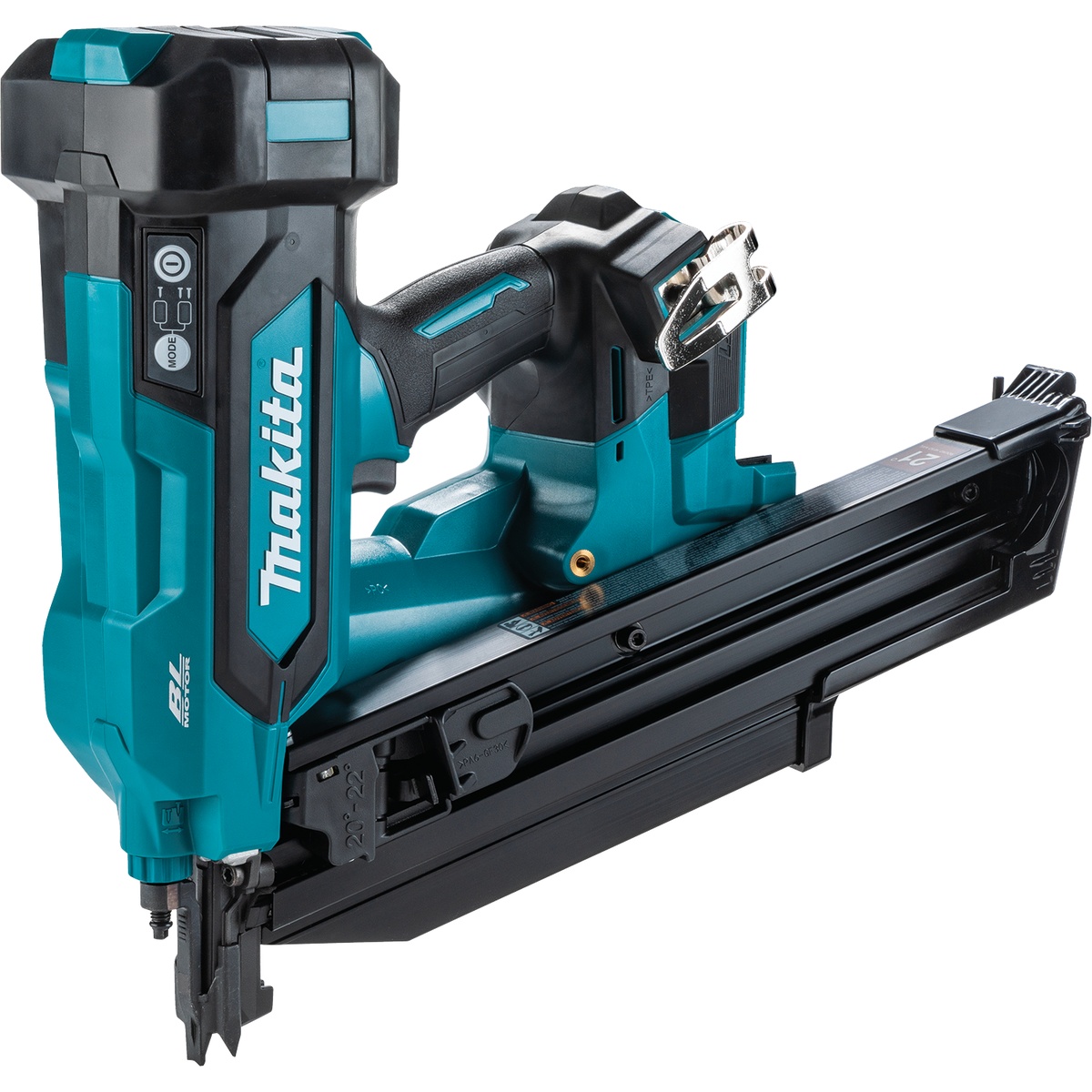 Makita XNB03Z 18V LXT Cordless 21 Degree Full Round Head 3-1/2 in. Framing Nailer shown in side profile for framing and structural wood fastening on the jobsite