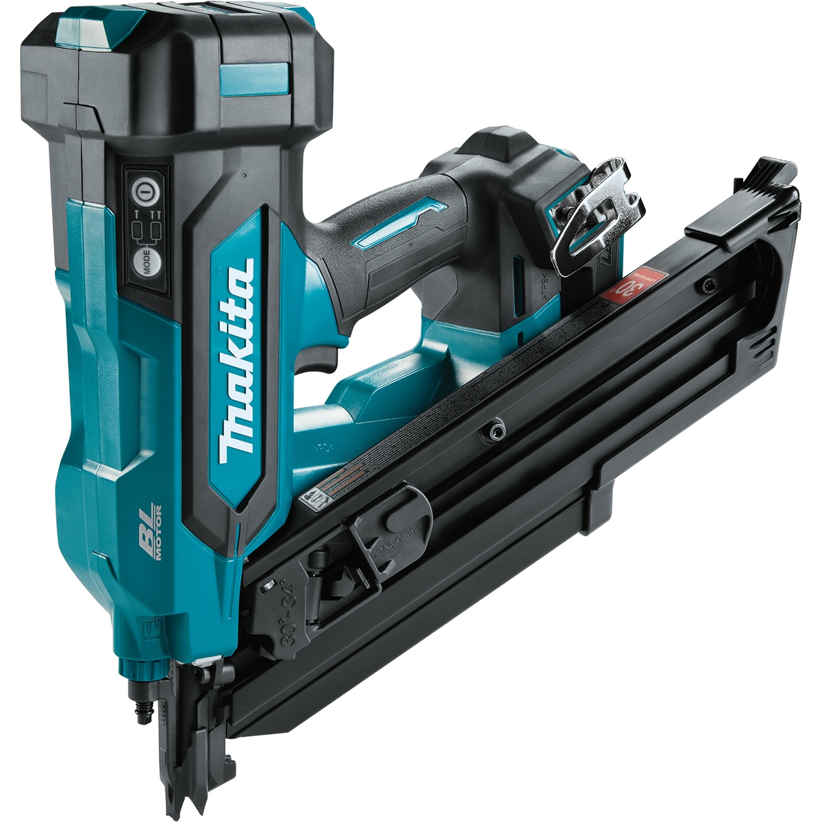 Makita XNB07Z 18V LXT Brushless Cordless 30 degree clipped head 3-1/2 inch framing nailer shown as a bare tool, highlighting the magazine, hook, and compact cordless body for framing and structural fastening work on the jobsite