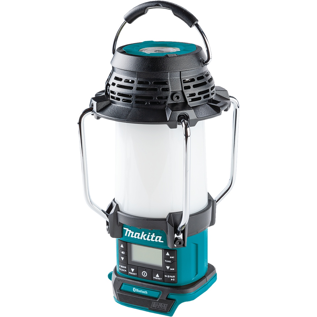 Makita XRM13 18V LXT Lithium-Ion Cordless Bluetooth Radio and L.E.D. Lantern shown as a compact portable jobsite lantern radio for lighting and audio use in a garage, workshop, or remodel space