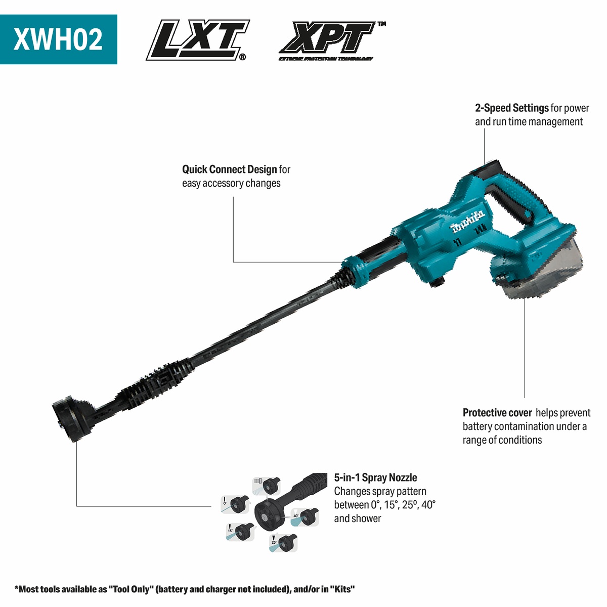 Makita XWH02Z 18V LXT Cordless 320 PSI 0.7 GPM Power Cleaner shown with extension wand and 5-in-1 spray nozzle for portable outdoor cleaning tasks