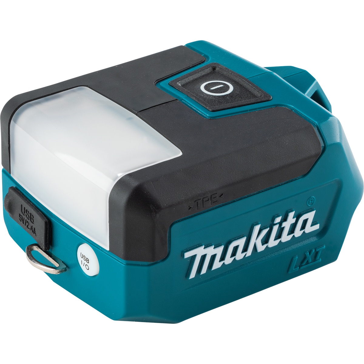 Makita DML817 Compact 18V LXT 300-Lumen LED Flashlight close-up showing the compact housing, LED lens, and USB charging port for jobsite lighting in tight spaces