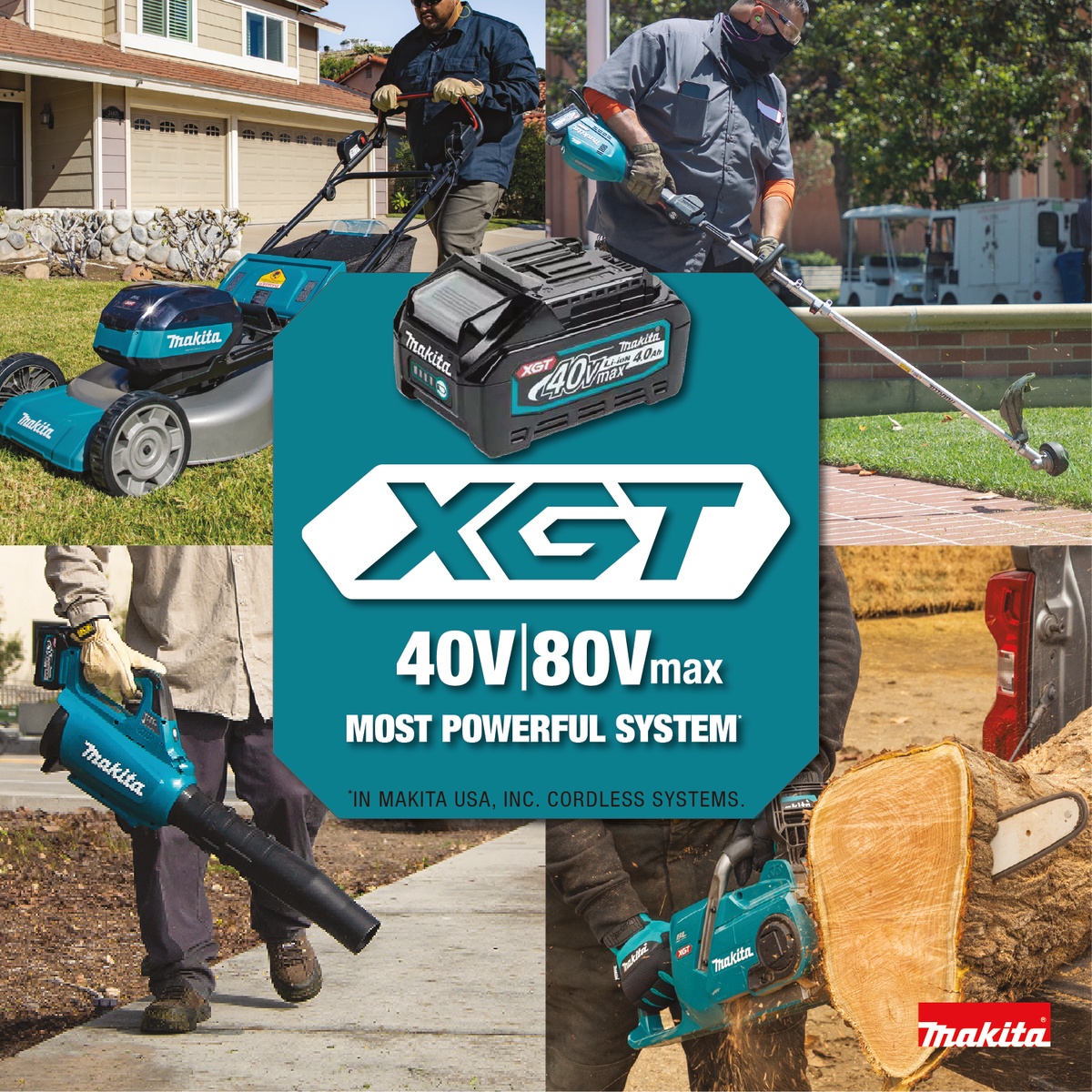 Makita GBU01Z 40V max XGT Brushless Cordless Blower shown as part of the XGT platform alongside outdoor power and cutting tools in residential and jobsite cleanup work