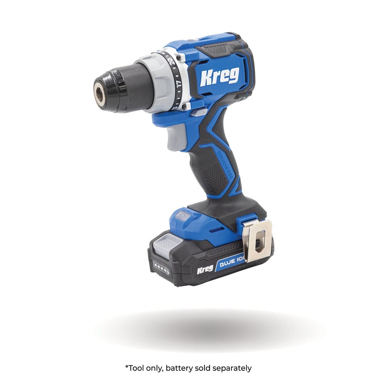 Kreg KPTDR050A Compact Drill Driver product view showing brushless cordless design and Kreg Blue 101 battery interface