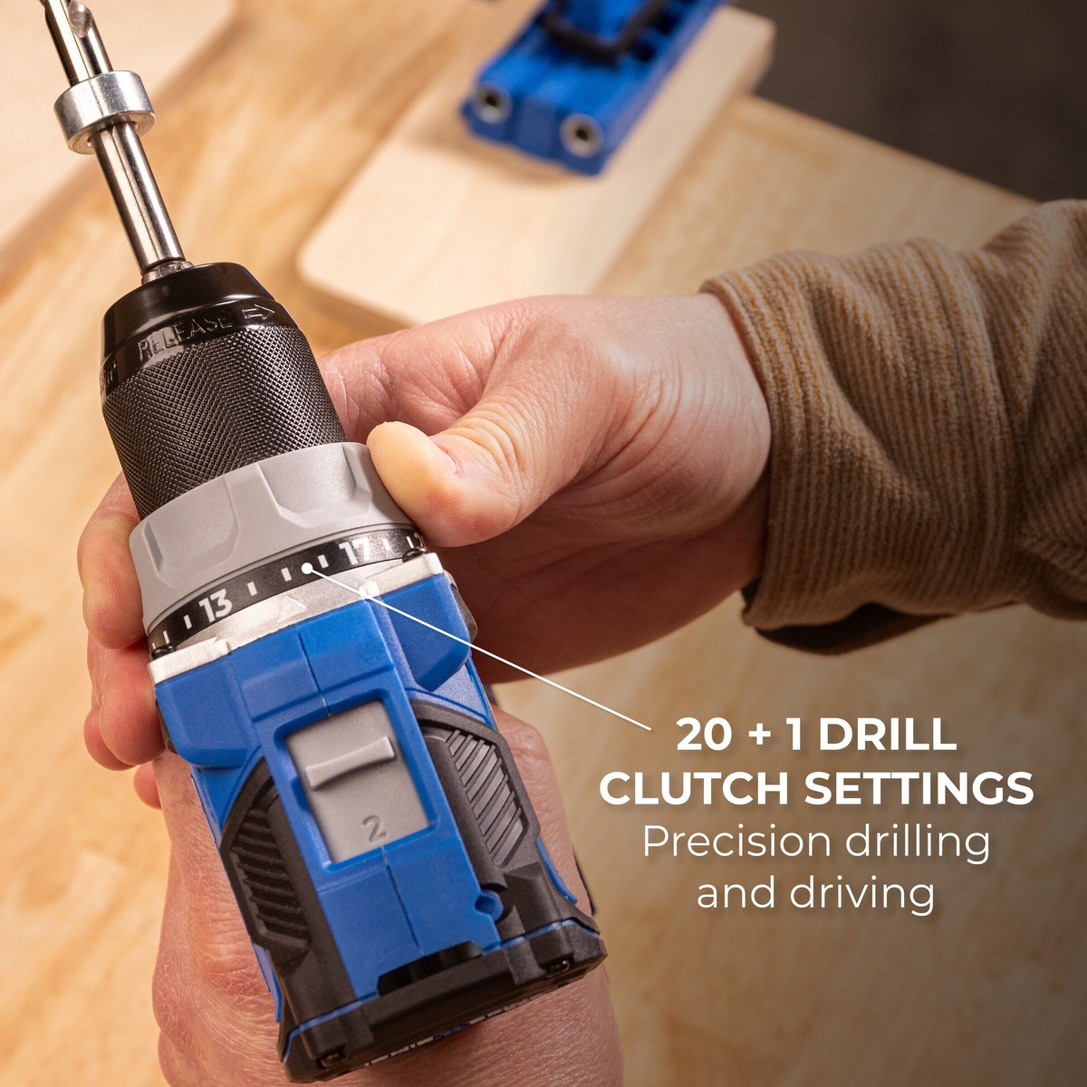Kreg KPTDR050A Compact Drill Driver close-up showing clutch ring and mode selector for precision drilling and driving on woodworking bench