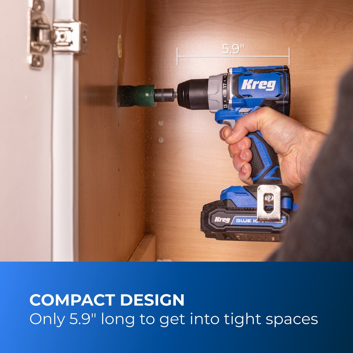 Kreg KPTDR050A Compact Drill Driver drilling inside a cabinet in a tight woodworking space with hole saw attachment