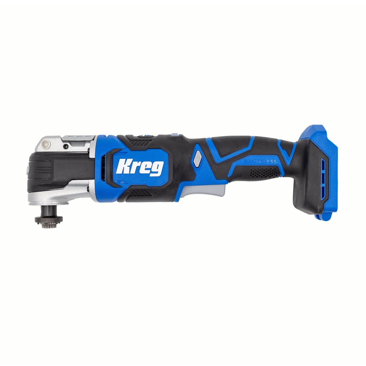 Kreg KPTMT100A oscillating multi-tool side profile showing the compact cordless body designed for cutting and sanding in tight cabinets, corners, and other hard-to-reach work areas
