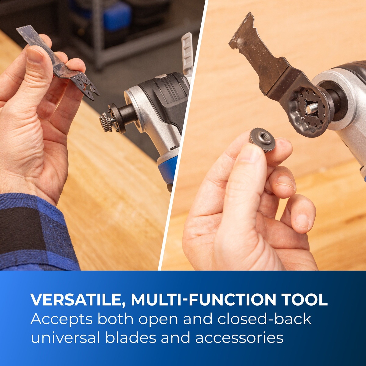 Kreg KPTMT100A oscillating multi-tool accessory interface with universal blade and accessory examples for wood cutting and detail work on a workbench