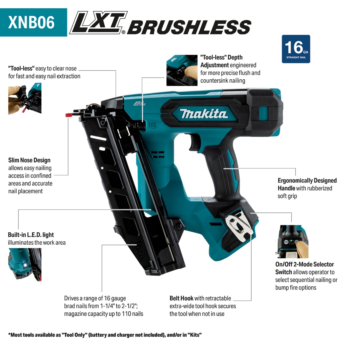 Makita XNB06Z 18V LXT Brushless Cordless 2-1/2-in. Angled 16-Gauge Finish Nailer showing slim nose design, LED light, depth adjustment, and magazine during interior trim fastening setup