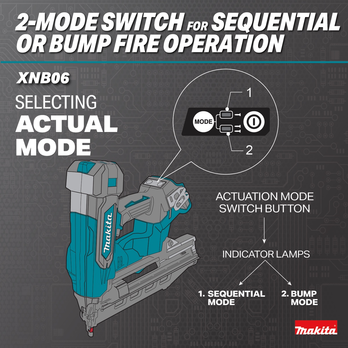 Makita XNB06Z 18V LXT Brushless Cordless 2-1/2-in. Angled 16-Gauge Finish Nailer showing sequential and bump fire selector for production trim and controlled fastening