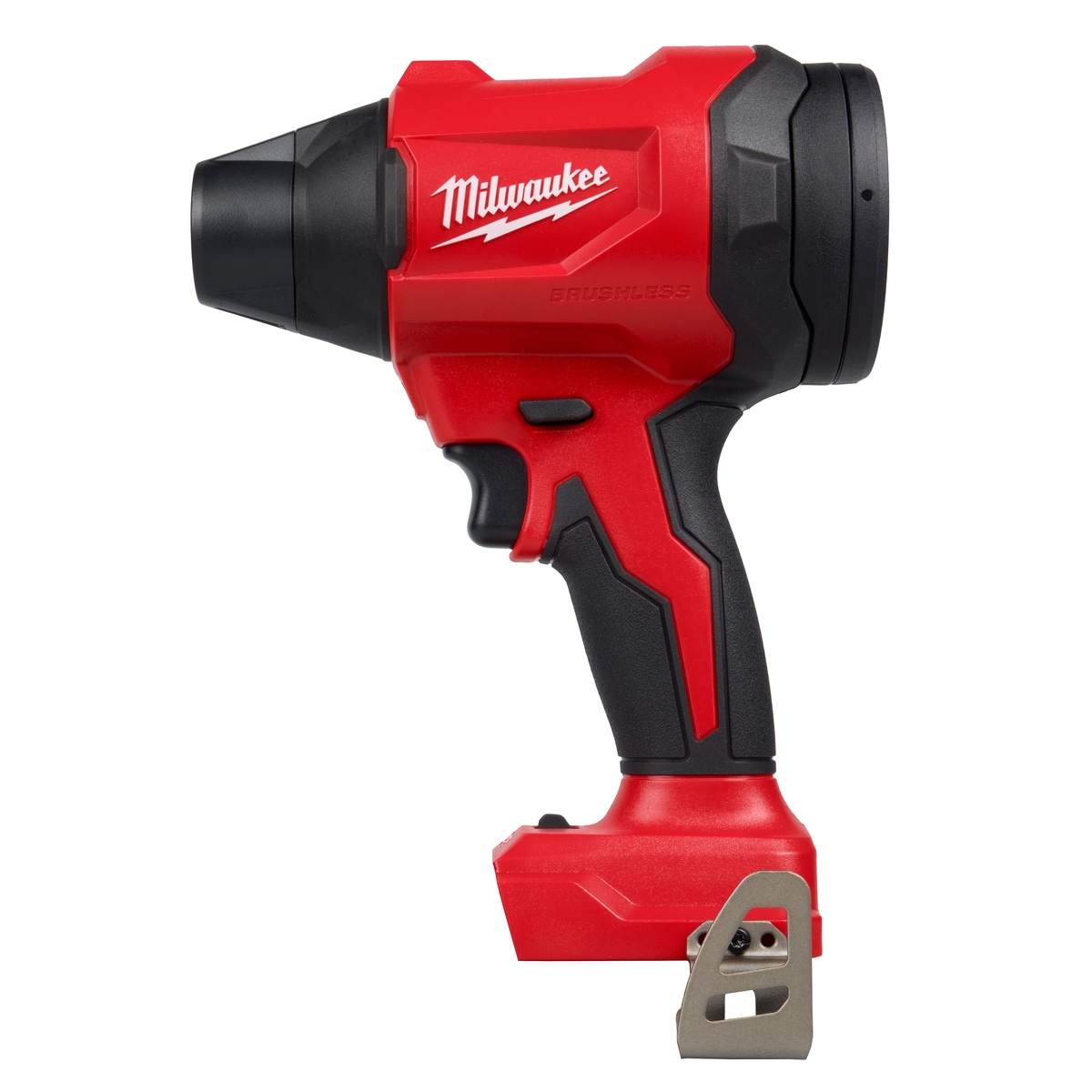Milwaukee M18 Brushless Precision Blower bare tool shown from the side with compact pistol-grip body for portable jobsite cleanup