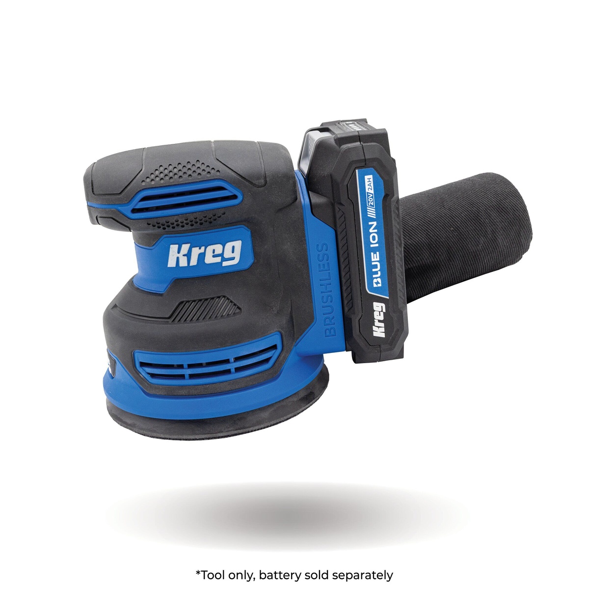 Kreg Tool KPTRS500A Brushless Random Orbital Sander shown with Kreg Blue Ion 20V Max battery interface on a clean background
