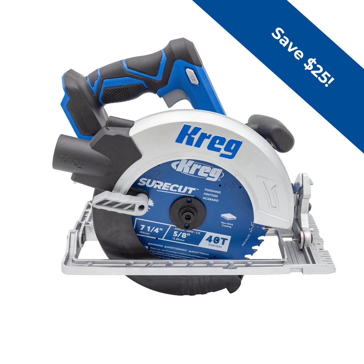Kreg Tool KPTCS725A cordless circular saw product view showing blade guard, base, and dust port for wood cutting in shop or jobsite conditions