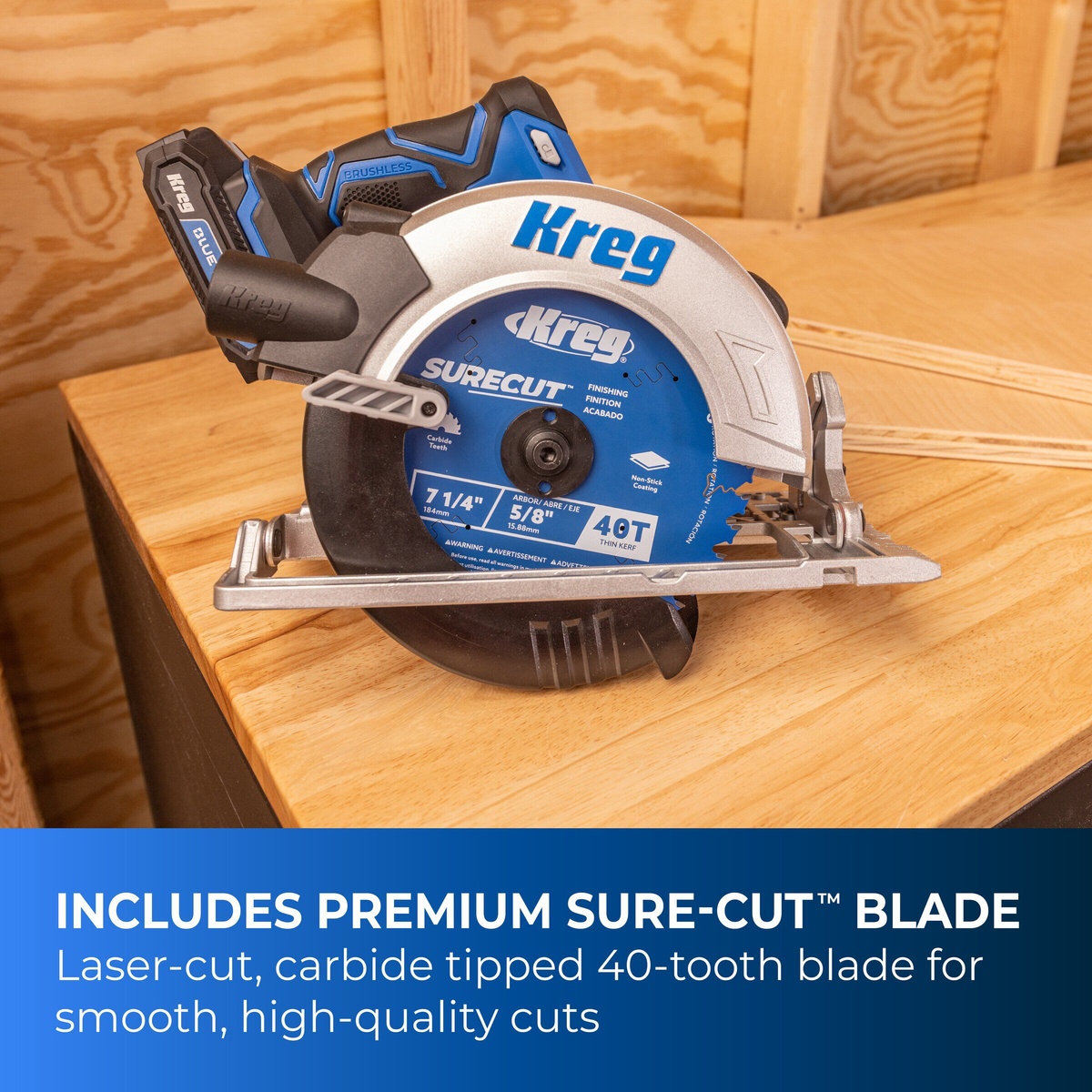 Kreg Tool KPTCS725A cordless circular saw resting on a wood bench showing the included 7-1/4 inch 40 tooth Sure-Cut blade for finish-quality cutting