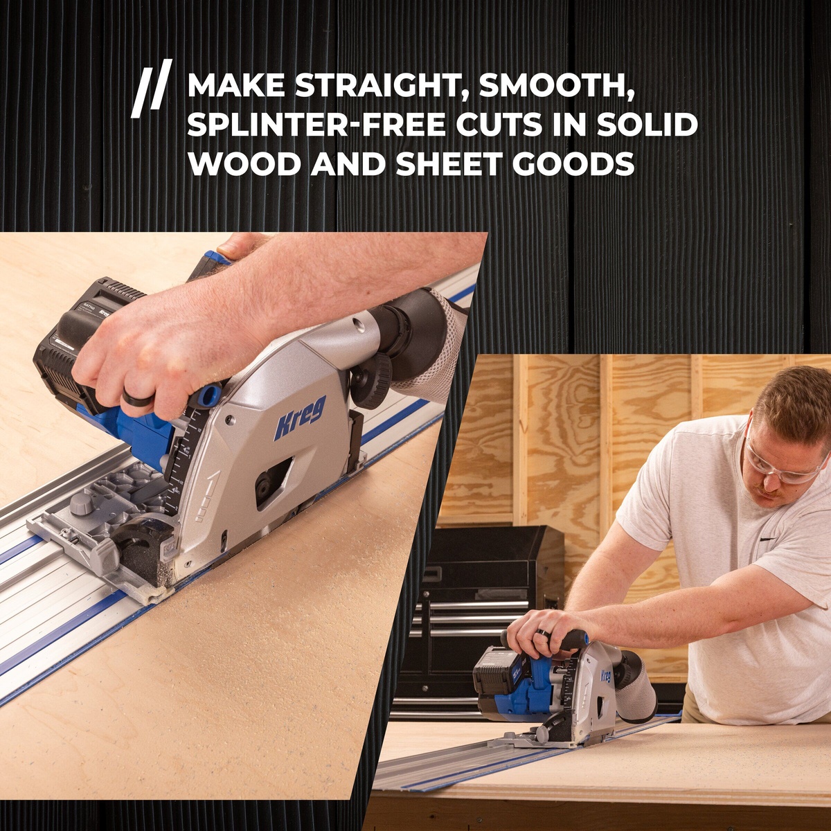 Kreg Tool KPTBPS100A cordless track saw in use on sheet goods making a straight cut on a guide rail in a woodworking shop