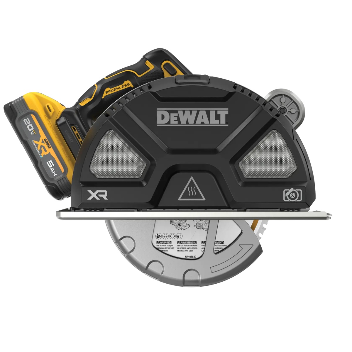 DEWALT 20V MAX XR 7-1/4 Inch Metal Cutting Circular Saw Kit shown with installed battery and blade guard on a clean background for jobsite metal cutting preparation