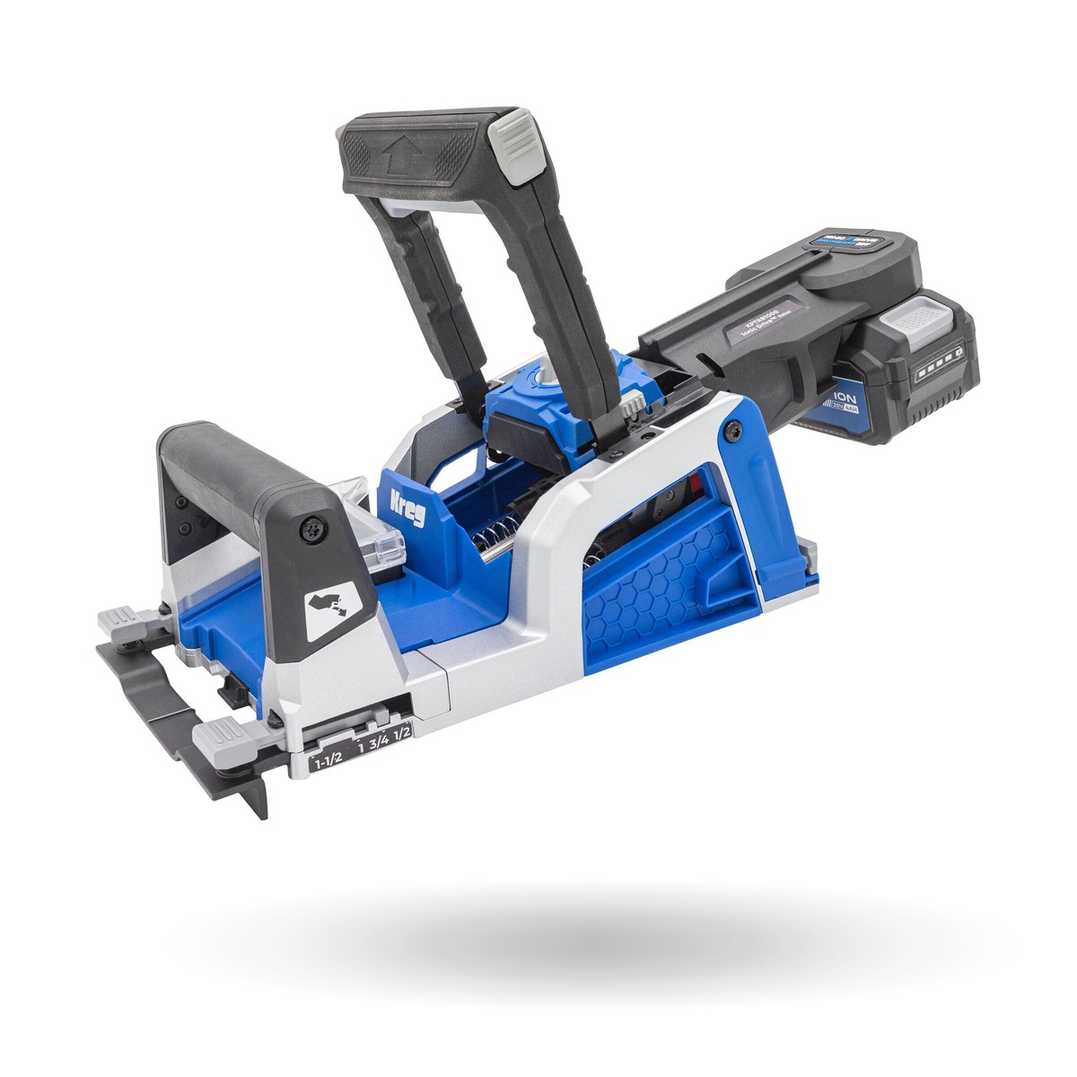 Kreg Tool KPTBRB100A pocket-hole jig product view showing thickness settings for woodworking joinery on plywood and solid wood parts