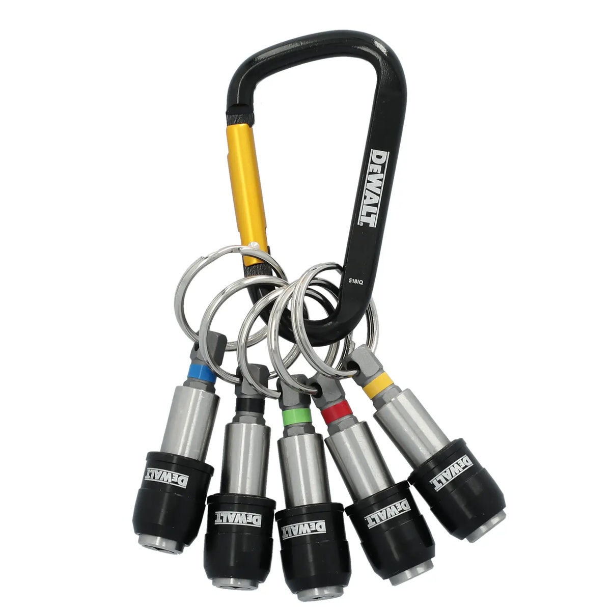 DEWALT Keyring Bit Holder Set showing five locking holders on a carabiner for 1/4 inch hex impact accessories