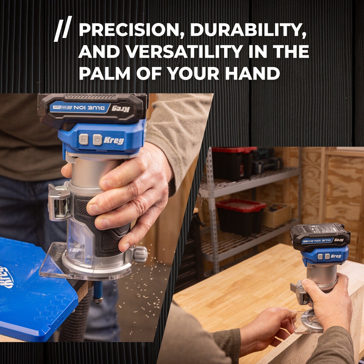 Kreg Tool KPTRT025A compact router in use on wood stock for trim routing and edge work in a workshop setting