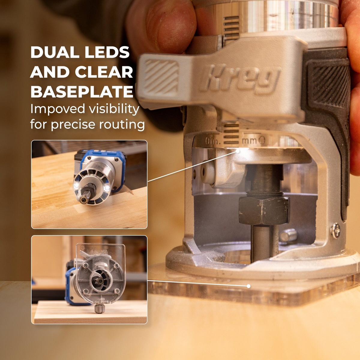 Kreg Tool KPTRT025A compact router close-up showing dual LEDs and clear baseplate for precise routing on a wood work surface