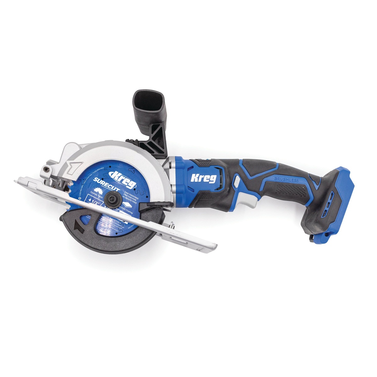 Kreg KPTCS450A 20V Ionic Drive 4-1/2-in Circular Saw shown in side profile with 36-tooth blade and dust port, a compact cordless circular saw for plywood, trim, and dimensional lumber cutting in shop or jobsite work