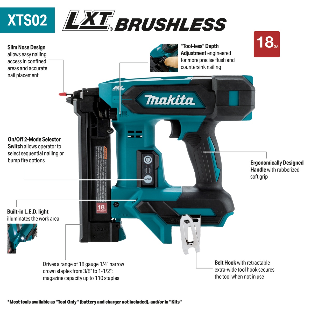 Makita XTS02Z 18V LXT Lithium-Ion Brushless Cordless 1/4 inch Narrow Crown Stapler shown from the side with slim nose, depth adjustment, LED light, and belt hook for interior wood fastening and finish work