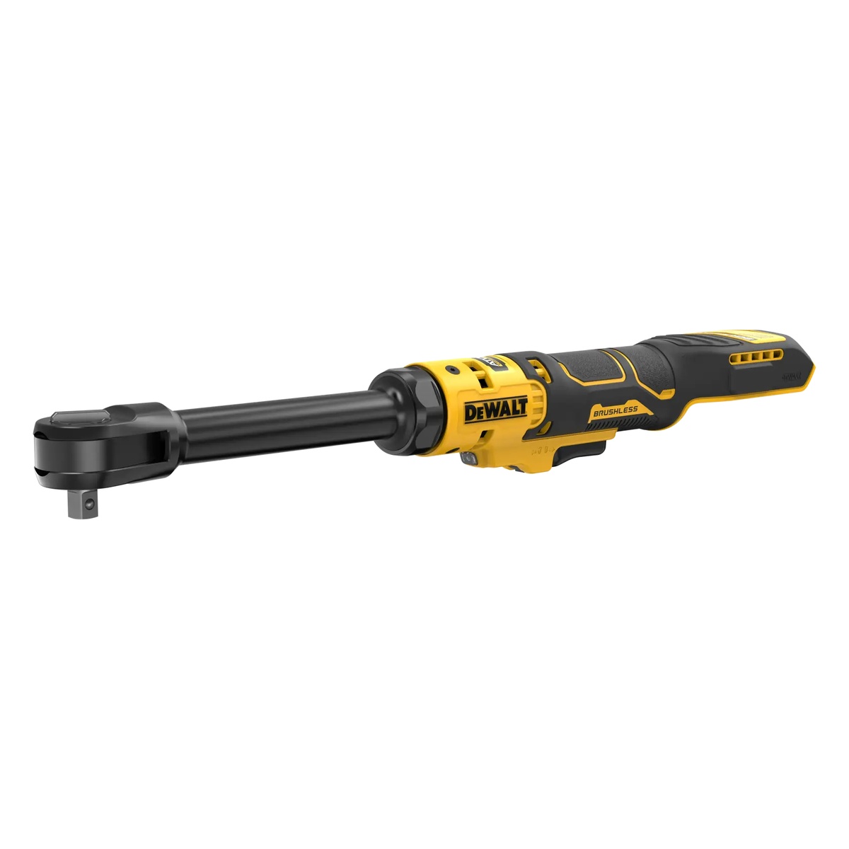 DEWALT 20V MAX ATOMIC Brushless Cordless 3/8 in. Extended Reach Ratchet shown in full profile for tight-space bolt fastening and removal work in automotive and equipment service