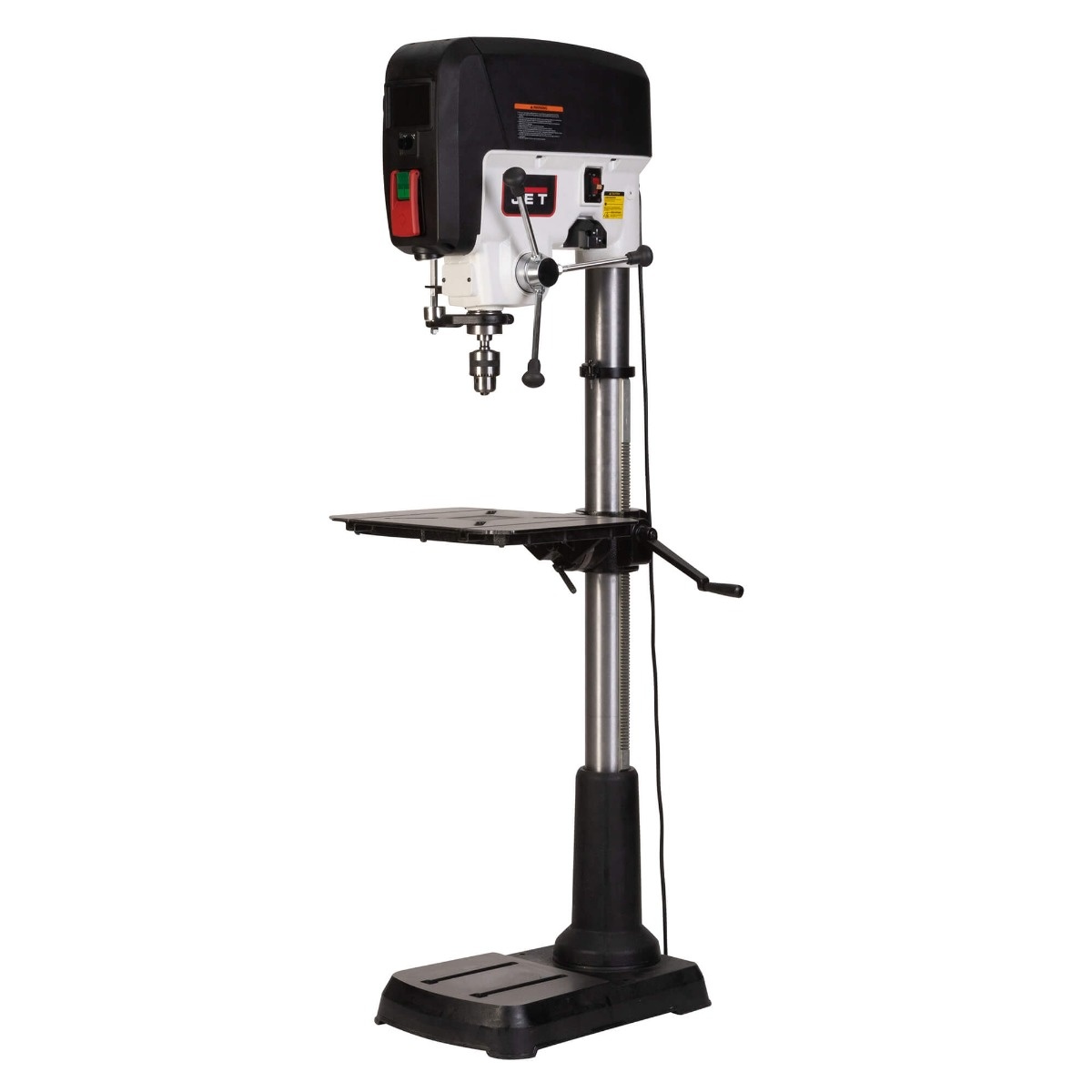 JET JDP-20S 20 Inch Smart Drill Press shown as a full floor drill press in a clean product view, highlighting the cast iron table, column, base, and drilling head for shop setup planning