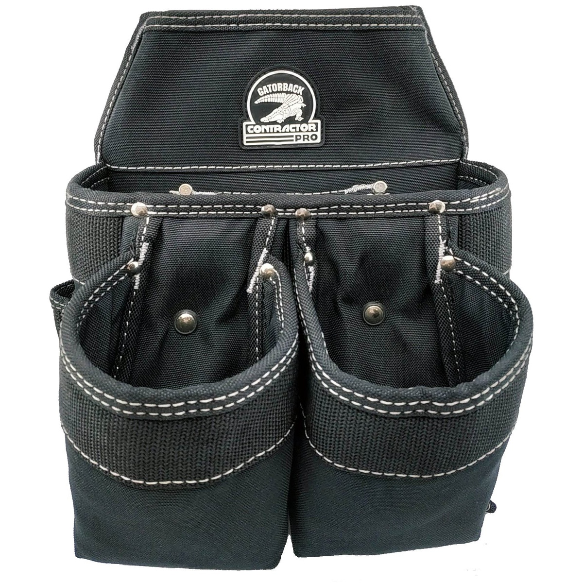 Gatorback B140 Professional Carpenters Tool Belt fastener pouch close-up showing dual front pockets and reinforced opening for nails and hardware