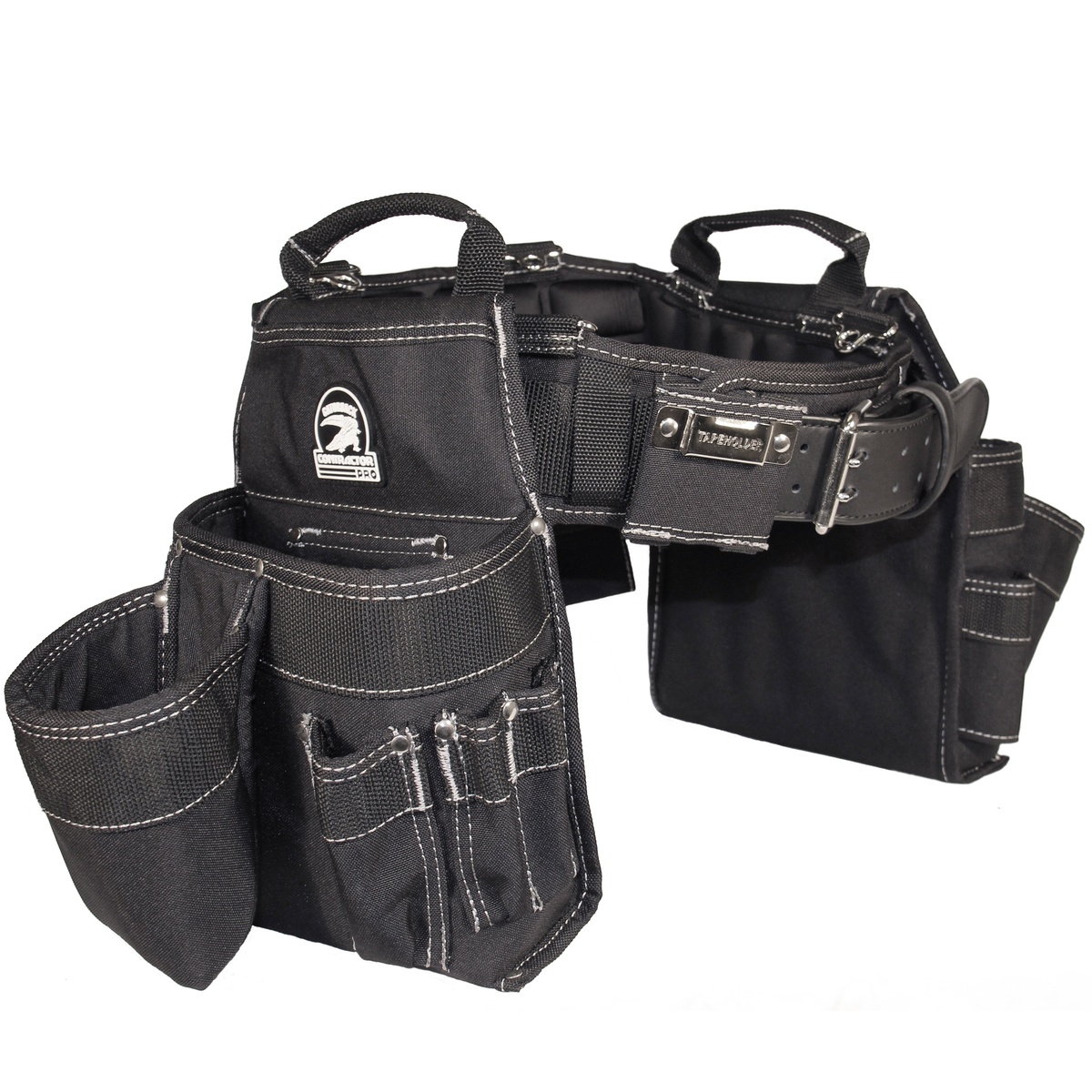 Gatorback B140 Professional Carpenters Tool Belt combo shown assembled with dual pouches, hammer holder, and back support belt on a neutral background