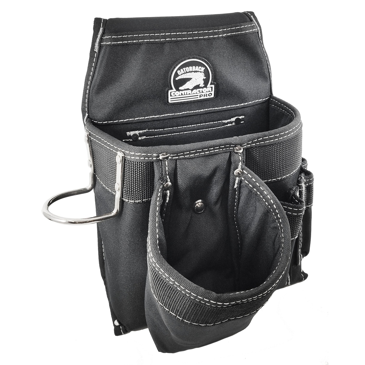 Gatorback B140 Professional Carpenters Tool Belt left pouch close-up showing boxed pocket design, metal loop, and reinforced nylon construction