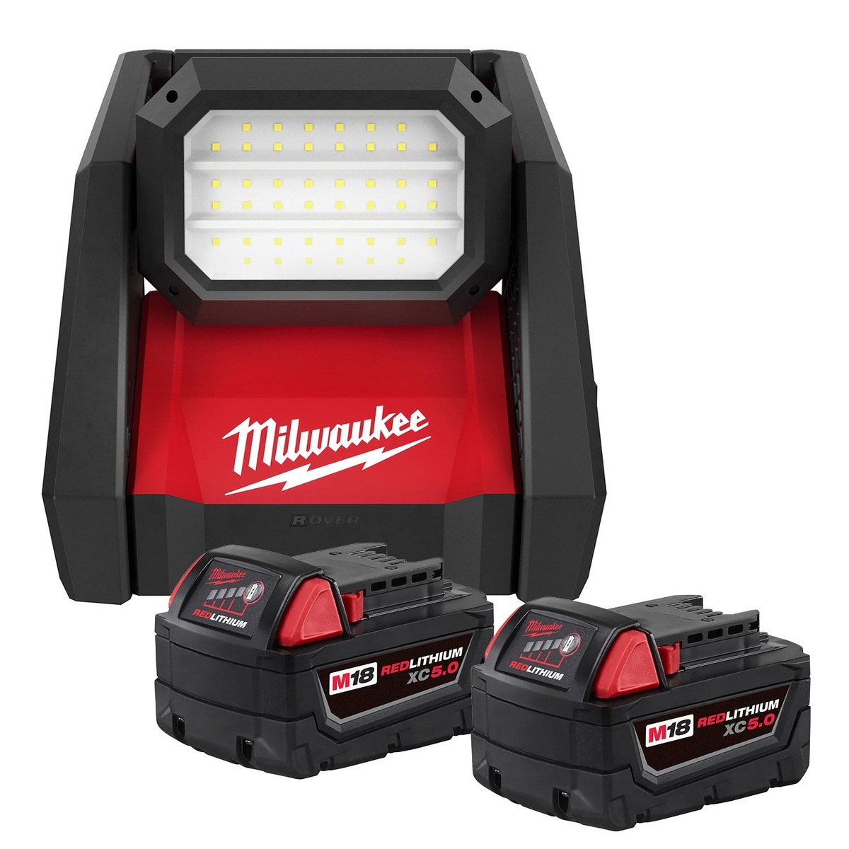 Milwaukee M18 ROVER Dual Power Flood Light + 5.0Ah Battery 2-Pack shown with the flood light and two M18 REDLITHIUM XC5.0 batteries on a clean background
