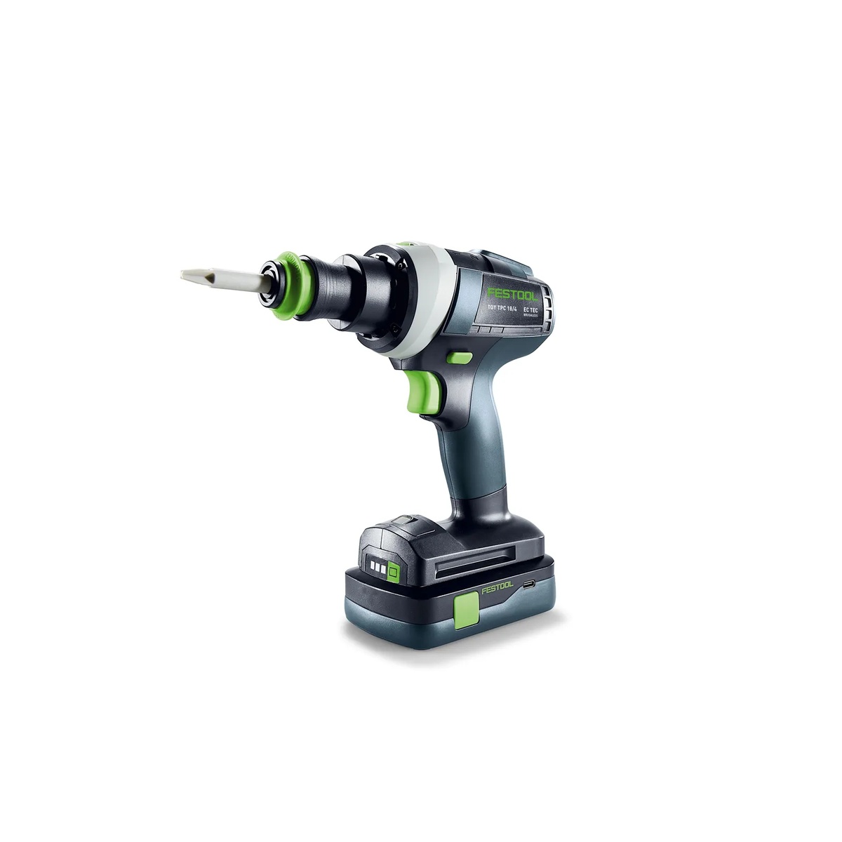 Festool TY-TPC Cordless Drill Toy with Battery fitted with a plastic driver bit, showing the CENTROTEC-style interface, removable battery, and realistic drill form
