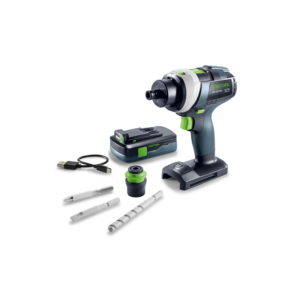 Festool TY-TPC Cordless Drill Toy with Battery shown with removable battery, USB-C charging cable, CENTROTEC attachment, and three included bits on a clean background