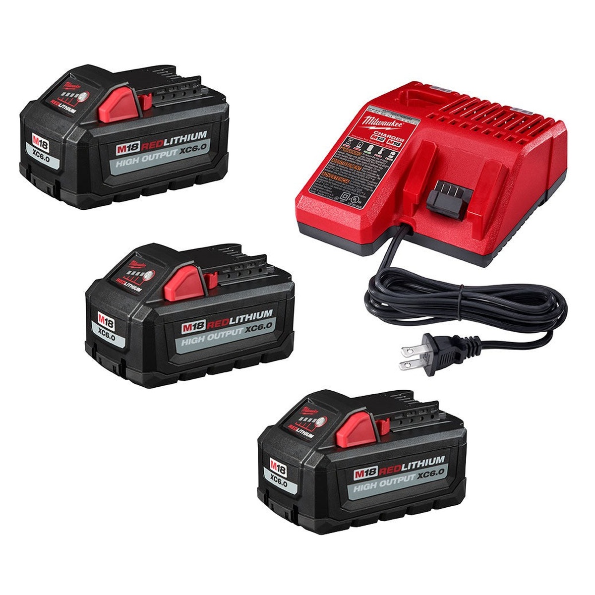Milwaukee M18 REDLITHIUM HIGH OUTPUT XC 6.0Ah Battery 3-Pack + Charger showing three M18 XC6.0 battery packs and charger on a clean background for cordless tool charging setup