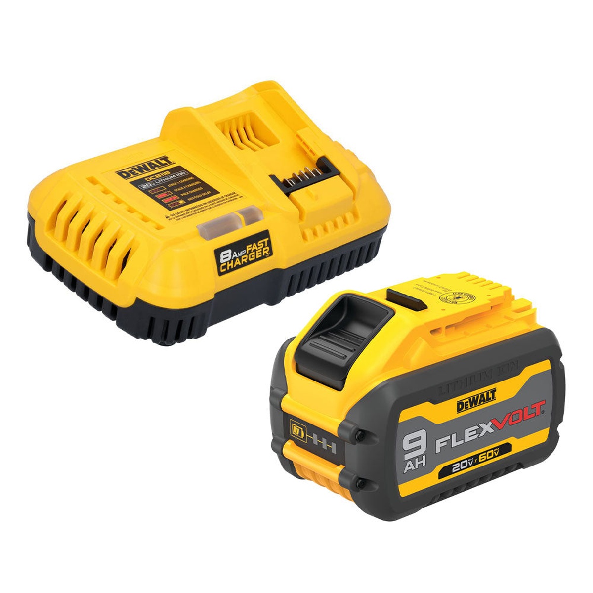 DeWALT DCB609C 60V MAX FLEXVOLT 9.0Ah battery and DCB118 fast charger shown on a clean background for cordless tool charging and runtime support