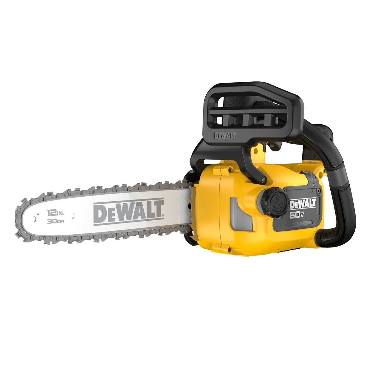DEWALT DCCS673X1 60V MAX compact top handle chainsaw shown from the drive side with 12 inch bar for pruning and tree removal work on a jobsite