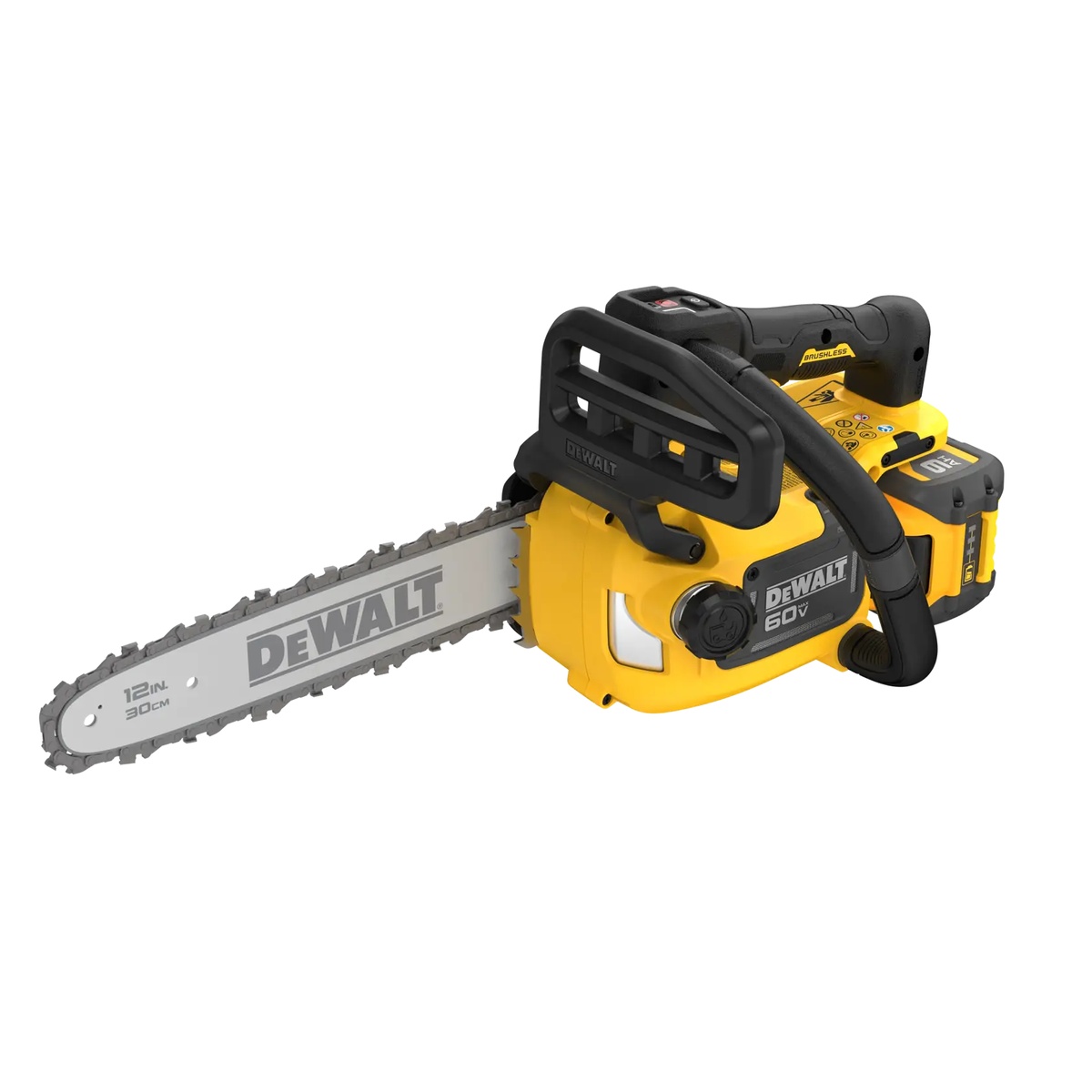 Rear angle of the DEWALT DCCS673X1 compact cordless top handle chainsaw highlighting the battery interface, handle design, and oil cap for tree care and pruning use
