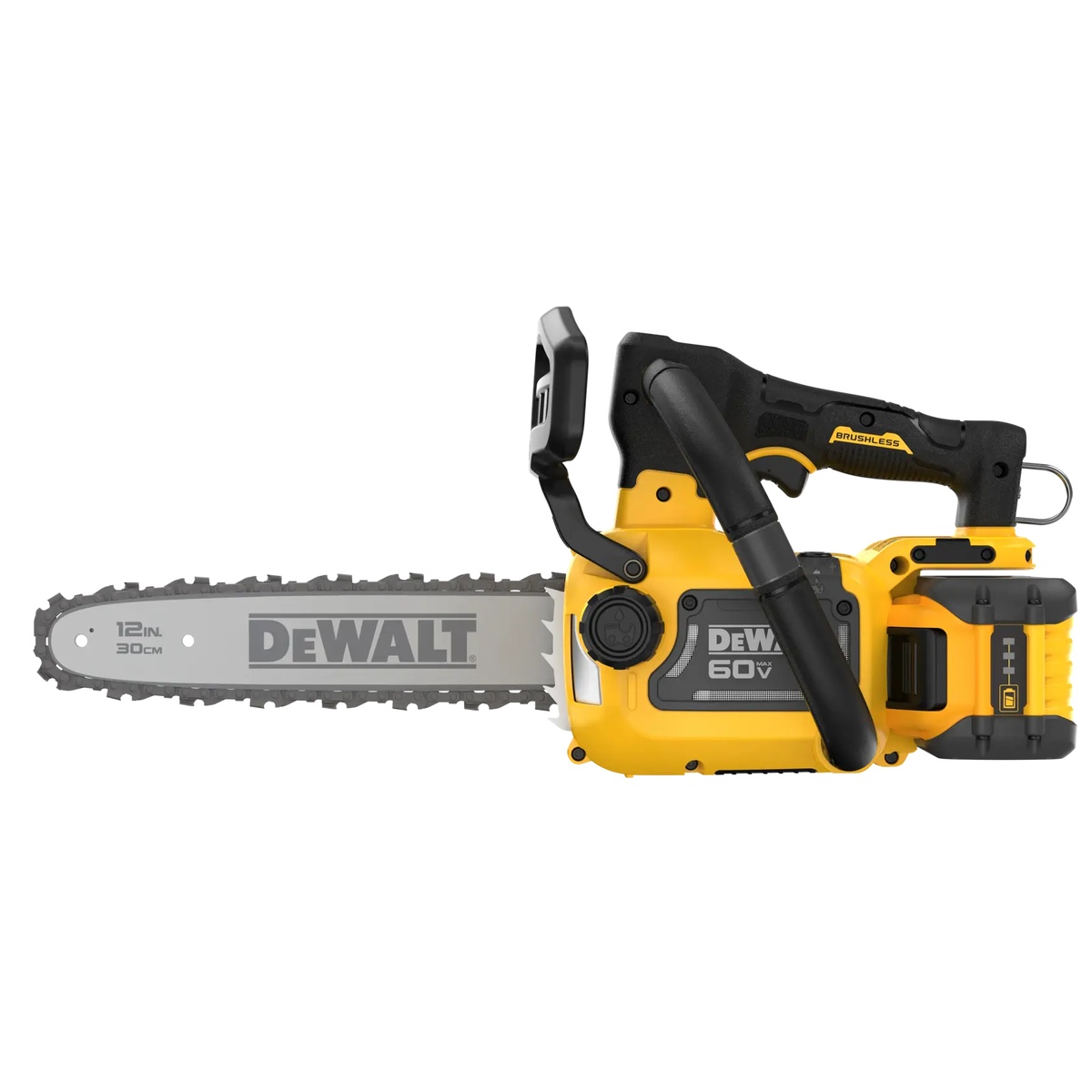 DEWALT DCCS673X1 60V MAX brushless cordless chainsaw with installed FLEXVOLT battery, showing the compact body used for pruning and removal tasks