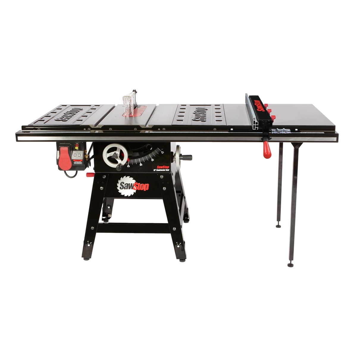 SawStop CNS175-ATGP36 Contractor Saw with 36 in. T-Glide Advance Fence Assembly shown from the front with extension table and fence rails for woodworking setup