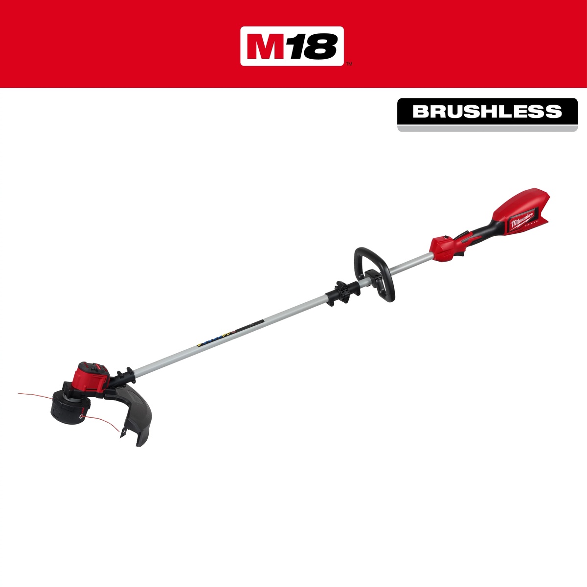 Milwaukee 2828-20E M18 Brushless String Trimmer full product view showing brushless cordless trimmer layout for lawn and property maintenance