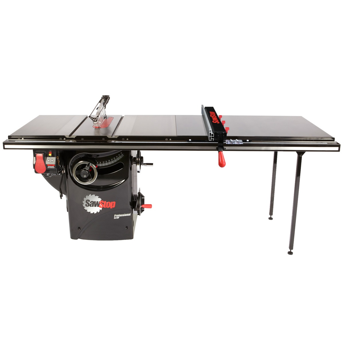 Sawstop PCS31230-ATGP52 Professional 3HP Cabinet Saw with 52 inch T-Glide Advance fence and extension table shown in full shop-ready configuration