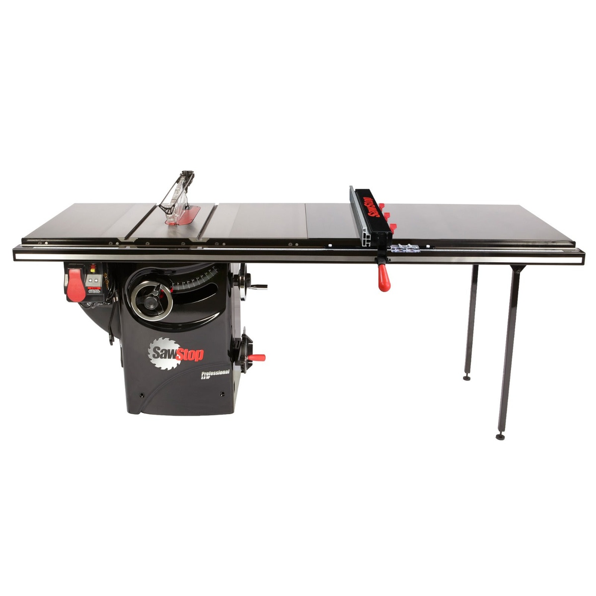 SawStop PCS31230-ATGP36 Professional 3HP Cabinet Saw with 36 Inch Professional T-Glide Advance Rip Fence, Rails & Extension Table shown assembled in a shop-ready configuration with extension table and fence for precision woodworking cuts